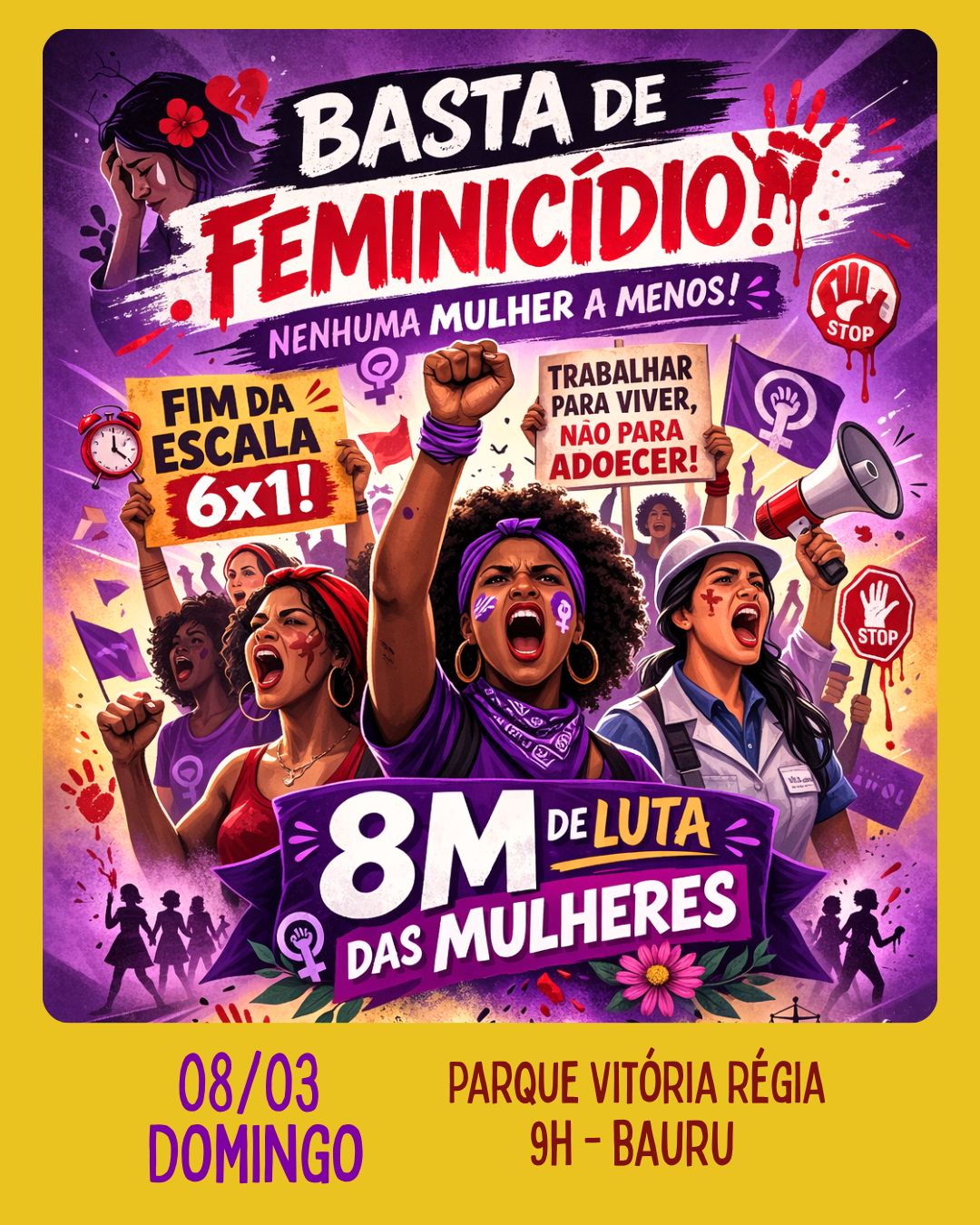 Ato “Basta de Feminicídio” será realizado no Parque Vitória Régia neste domingo (08)