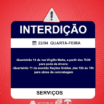 Confira as interdições da EMDURB programadas para quarta-feira (22)