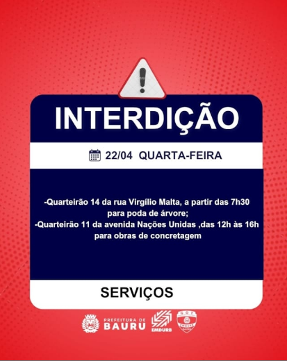 Confira as interdições da EMDURB programadas para quarta-feira (22)