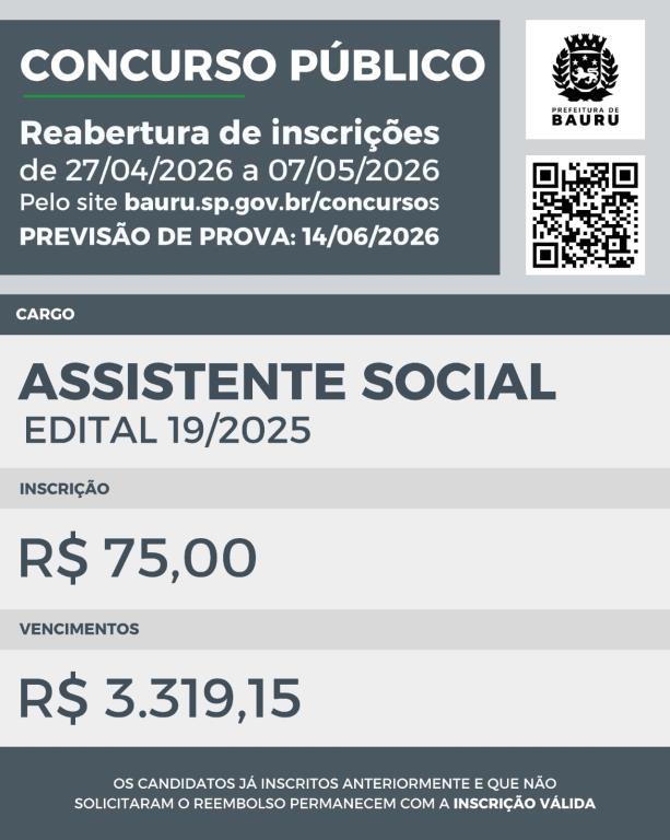 Bauru reabre inscrições para concurso de Assistente Social