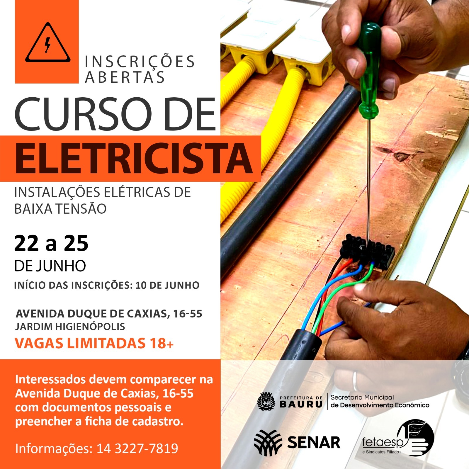 Curso de eletricista da Sedecon em parceria com Fetaesp e Senar segue com inscrições abertas 