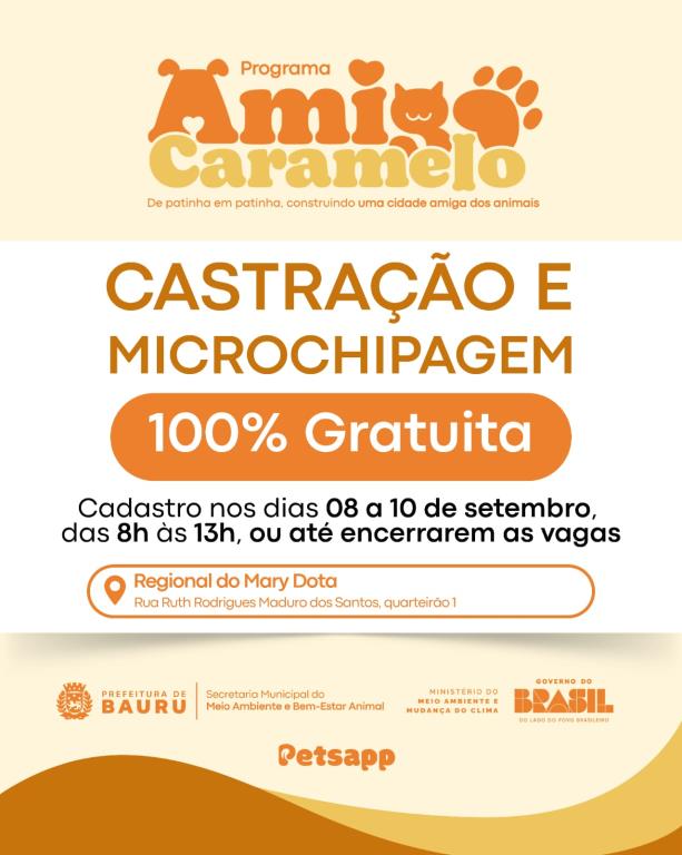Programa “Amigo Caramelo” abre cadastro presencial para a castração gratuita de animais na etapa do Mary Dota